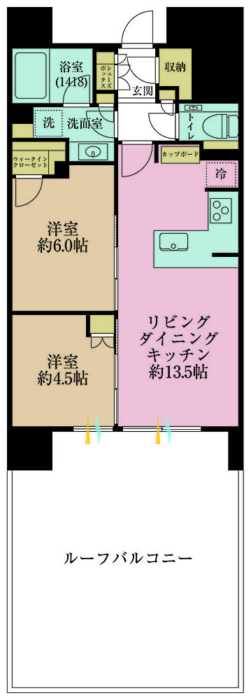 2LDK、専有面積54.15m2