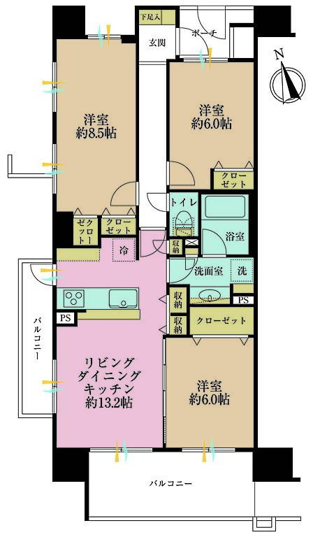 3LDK、専有面積76.32?、バルコニー面積15.1?