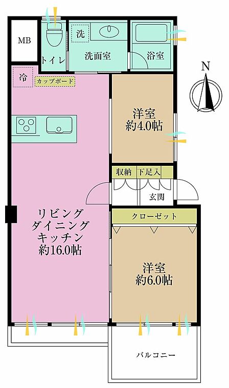 2LDK、専有面積53.81?、バルコニー面積10?
