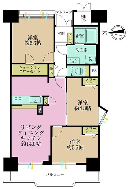 3LDK、専有面積70.01?、バルコニー面積9.21?