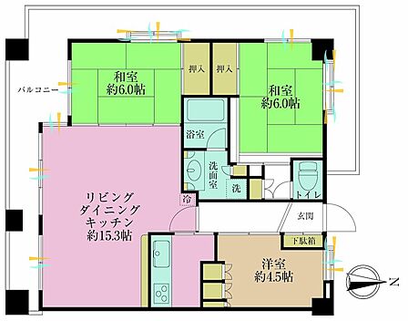 3LDK、専有面積72.43?、バルコニー面積30?