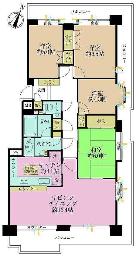 4LDK、専有面積89.21?、バルコニー面積35.86?