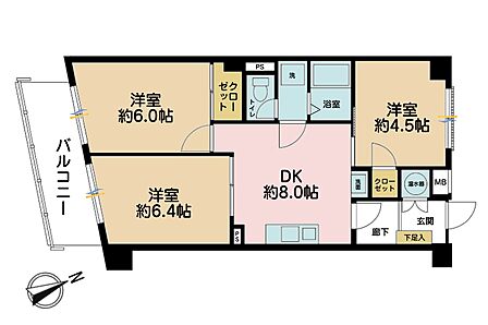 3DK、専有面積55.73m2、バルコニー面積8.25m2