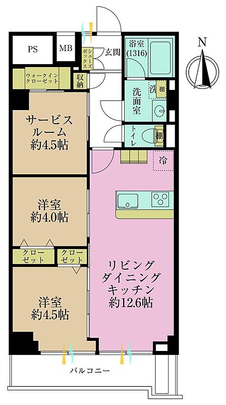 2LDK+S、専有面積61.02?、バルコニー面積7.12?