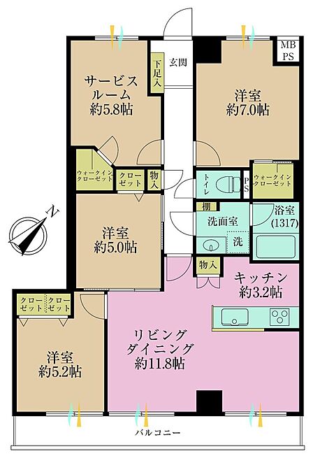3LDK+S、専有面積82.24?、バルコニー面積8.47?