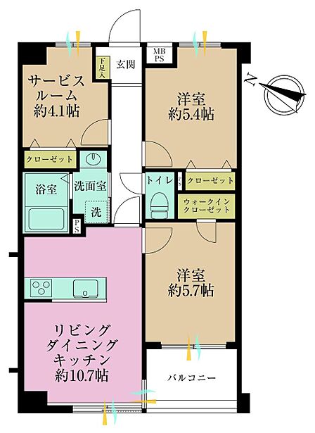 2LDK+S、専有面積57.54?、バルコニー面積4.68?