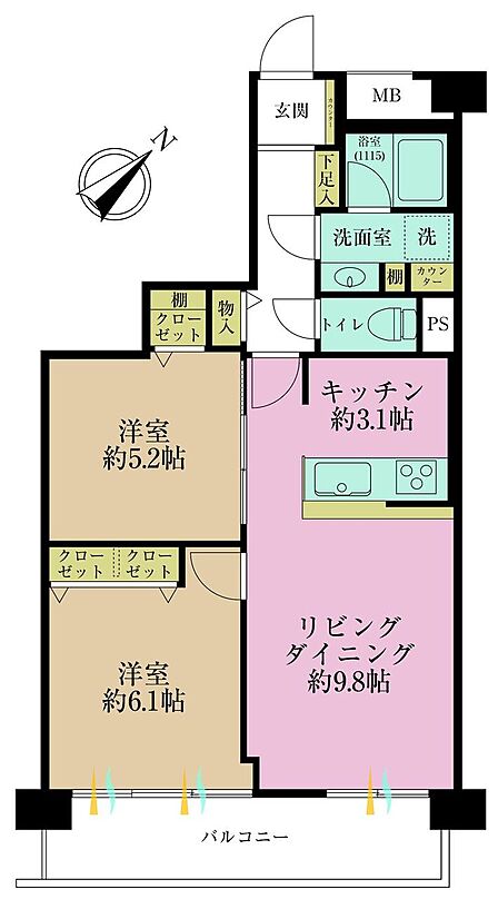2LDK、専有面積53.57?、バルコニー面積7.84?