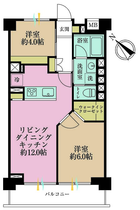2LDK、専有面積49.68?、バルコニー面積6.48?