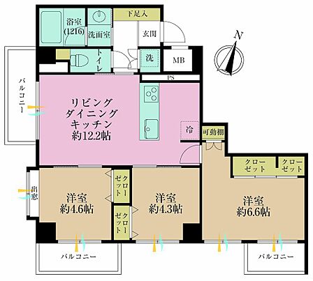 3LDK、専有面積62.02?、バルコニー面積9.46?
