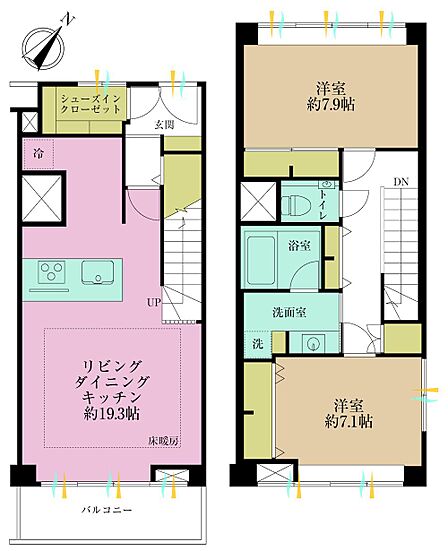 2LDK、専有面積93.69?、バルコニー面積6.75?