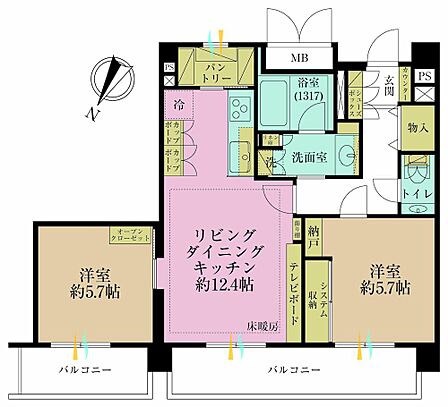 2LDK、専有面積60.15?、バルコニー面積11.78?