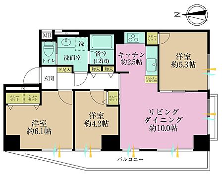 3LDK、専有面積61.02?、バルコニー面積8.4?