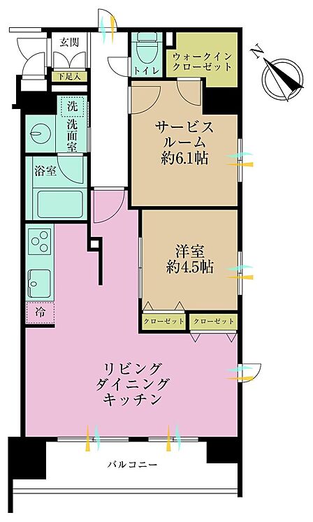 1LDK+S、専有面積61.91?、バルコニー面積8.43?