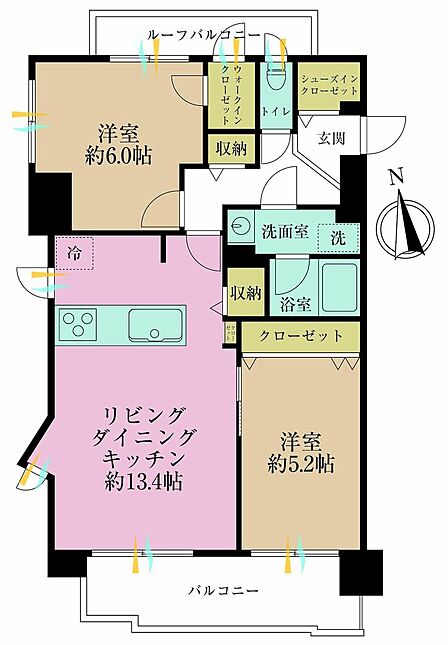 2LDK、専有面積61.8?、バルコニー面積10.53?