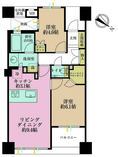 2LDK、専有面積54?、バルコニー面積5?