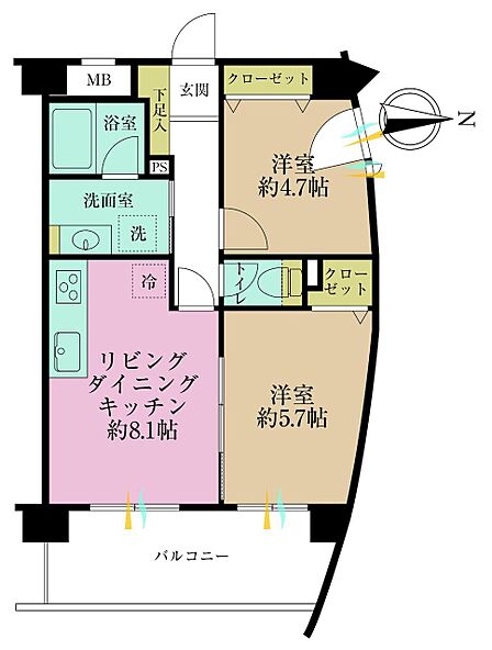 2LDK、専有面積44.77?、バルコニー面積8.23?