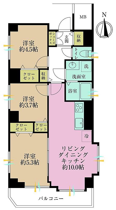 3LDK、専有面積54.27?、バルコニー面積5.72?