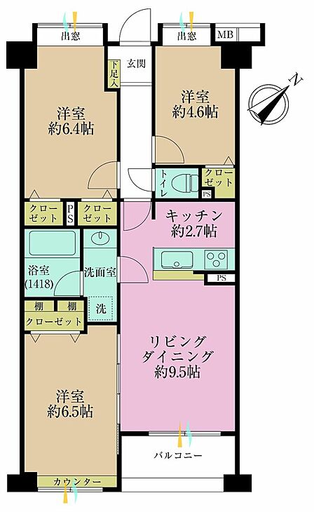 3LDK、専有面積65.3?、バルコニー面積4.06?