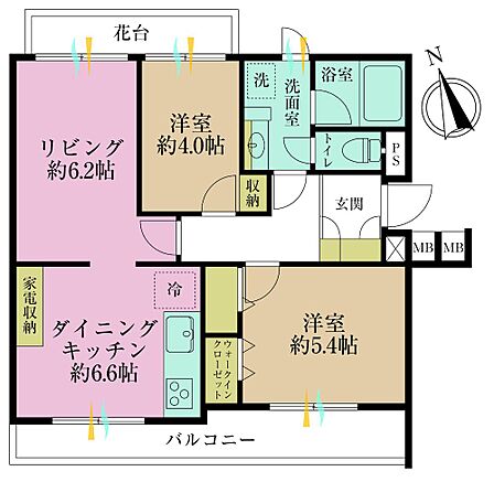 2LDK、専有面積57.35?、バルコニー面積4.56?
