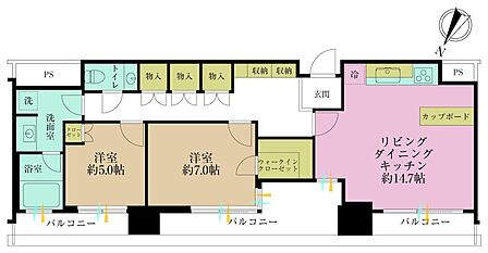 2LDK、専有面積73.69?、バルコニー面積11.92?