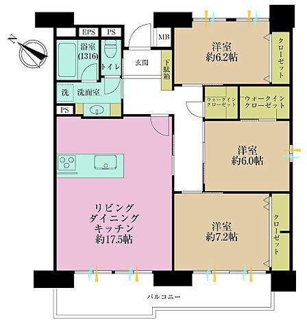 3LDK、専有面積88.16?、バルコニー面積14.04?