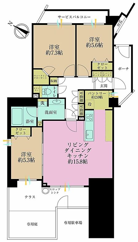 3LDK、専有面積80.34?、バルコニー面積4.7?
