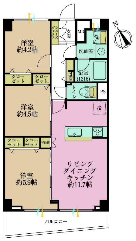 3LDK、専有面積59.85?、バルコニー面積7.8?