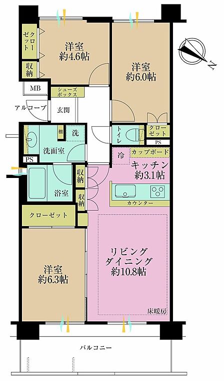 3LDK、専有面積70?、バルコニー面積12?