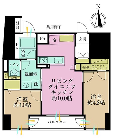 2LDK、専有面積45.44?、バルコニー面積4.24?