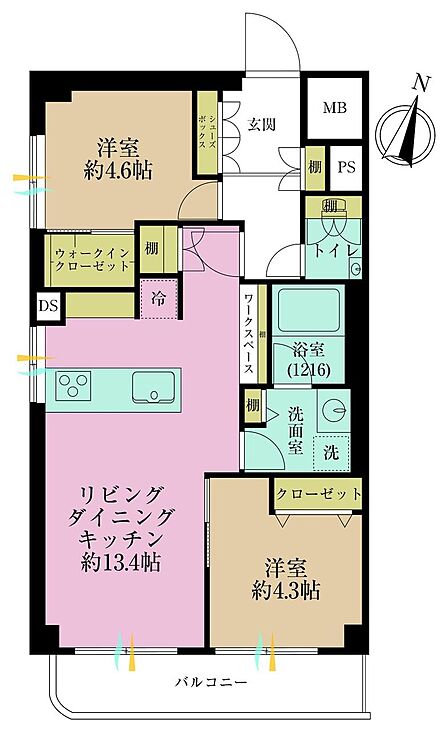 2LDK、専有面積53.35?、バルコニー面積4.24?