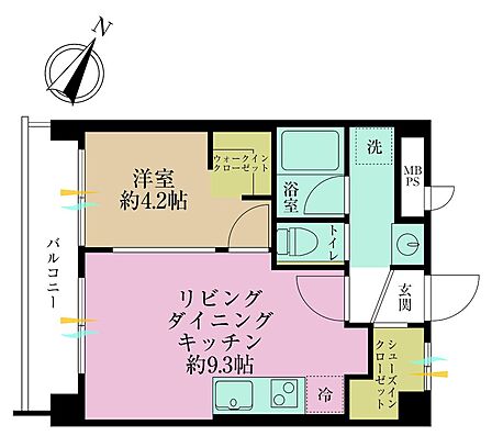 1LDK、専有面積34.02?、バルコニー面積4.9?