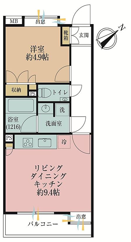 1LDK、専有面積36.81?、バルコニー面積3.9?