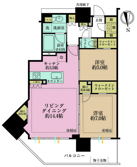 2LDK、専有面積71.98m2、バルコニー面積14.61m2