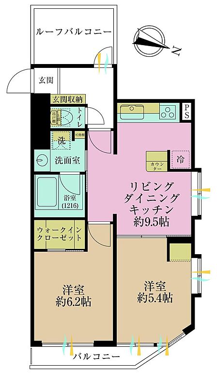 2LDK、専有面積51.41?、バルコニー面積3.59?