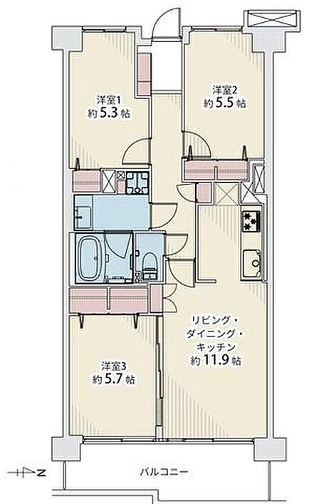効率の良い家事同線を追求した水回り集中設計。各所に収納を設けた暮らしやすいプランです。