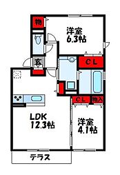 SantagardenB棟 1階2LDKの間取り