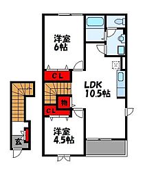 ニュークレコーポタカセ　B棟 2階2LDKの間取り