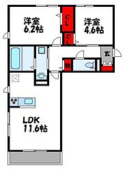JR鹿児島本線 福工大前駅 徒歩9分の賃貸アパート 1階2LDKの間取り