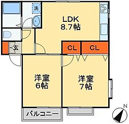 京成松戸線 高根公団駅 徒歩11分の賃貸アパート 2階2LDKの間取り