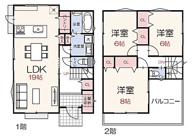 間取り：家族でゆったり過ごせるパントリー付LDK19帖、便利な土間収納あり、全居室6帖以上、室内に明るい日差しが差し込む全室2面採光の3LDK。