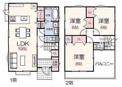 間取り：家族でゆったり過ごせるパントリー付LDK19帖、便利な土間収納あり、全居室6帖以上、室内に明るい日差しが差し込む全室2面採光の3LDK。