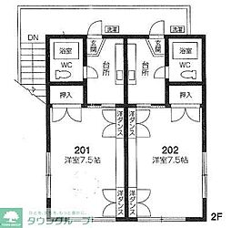東武東上線 若葉駅 徒歩15分の賃貸アパート 2階1Kの間取り