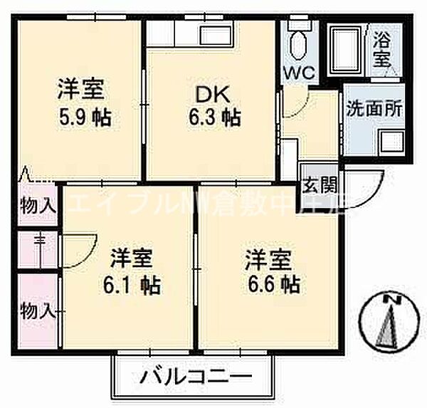 セントラルパーク　C棟 ｜岡山県倉敷市笹沖(賃貸アパート3DK・1階・54.34㎡)の写真 その2