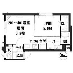 グランミレニアム中の島通り 3階1LDKの間取り