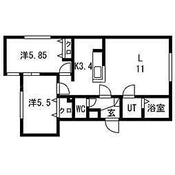 札幌市豊平区月寒東一条2丁目マンション 2LDKの間取図画像