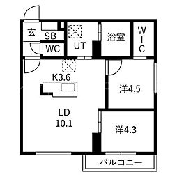 リガーレ月寒東 2LDKの間取図画像