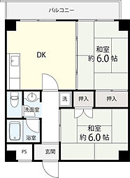 ウエストサイド瓢箪山 3階2DKの間取り