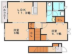 JR筑豊本線 飯塚駅 4kmの賃貸アパート 2階2LDKの間取り