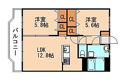 JR筑豊本線 天道駅 徒歩13分の賃貸マンション 2階2LDKの間取り