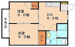サンシャインハイツB 2DKの間取図画像